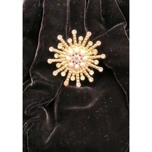 Vtg Mid Century Gold Atomic Starburst Brooch Pink Faux Pearl Rhinestone Sun Pin